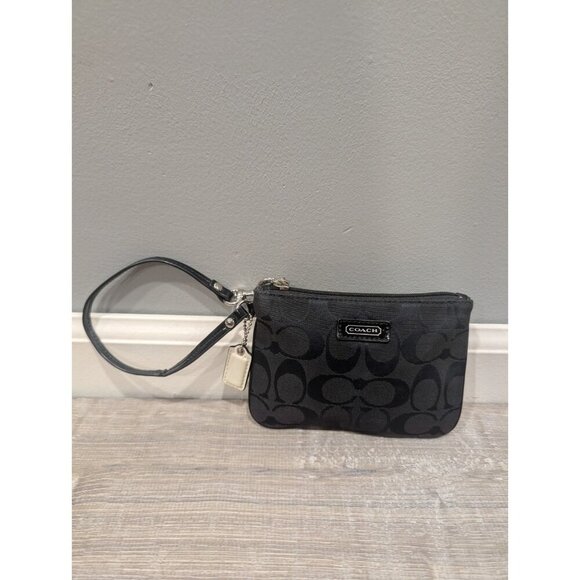 Coach Black Signature Jacquard Canvas Leather Wristlet Pouch Purse with Hang Tag - Picture 1 of 16